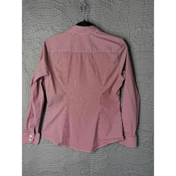 Express Women's Shirt Button Up Red White Striped V-Neck Stretch Classic Top M - Picture 7 of 9